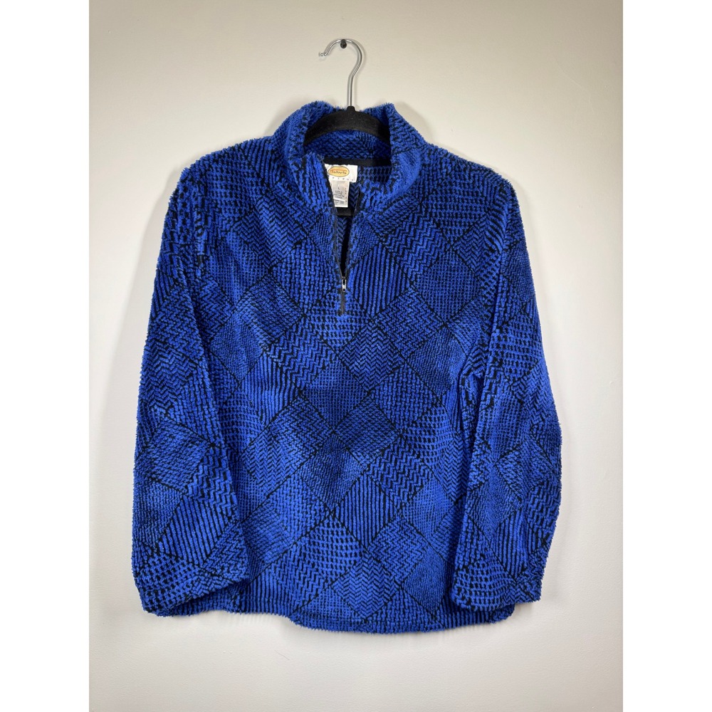 Talbots Petites Blue Black Geometric Diamond Fleece Quarter Zip Pullover Large P